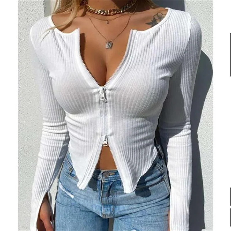 Amy Fashion - Clothes Ribbed Knitted Long Sleeve Crop Tops