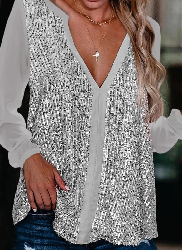 Amy Fashion - Elegant Long Sleeve Sequin Blouses Shirt