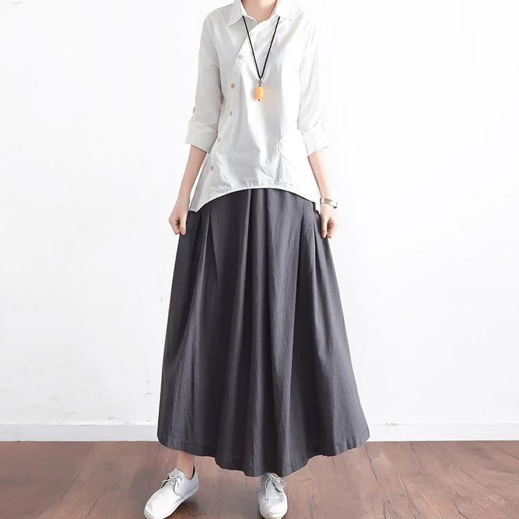 2017 fall gray cute linen skirts oversize elastic waist maxi skirts