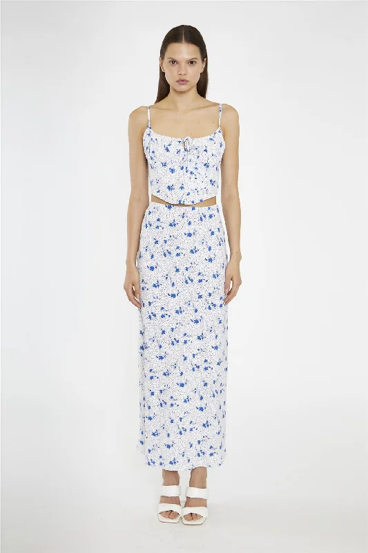 Blue-Dot Vintage-Floral Bias-Cut Midi-Skirt