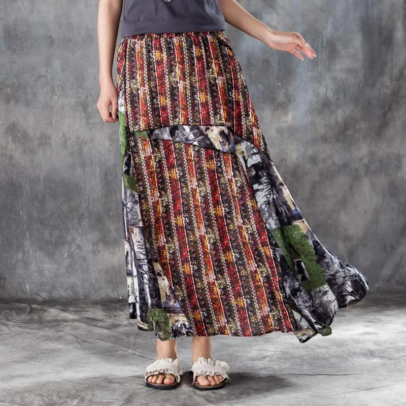 Elegant cotton skirt oversized Women Linen Cotton Printed Splicing Split Skirts