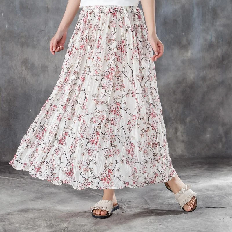 fashion linen maxi skirt oversized Women Elastic Waist Lining White Pleated Skirts