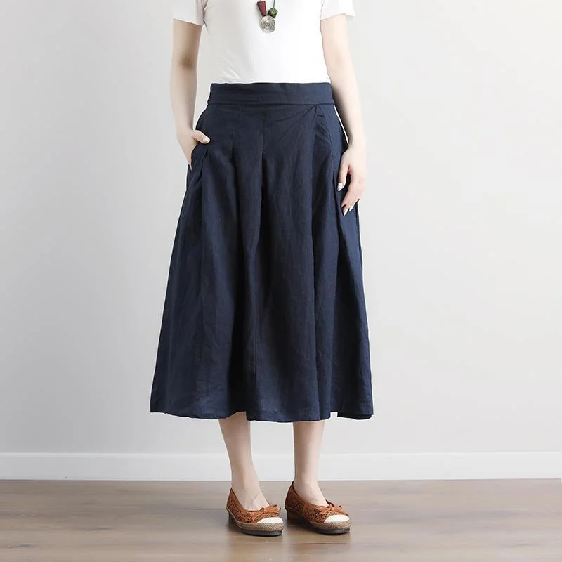 Fine Midi-length linen skirt oversize Casual Summer Pockets Pleated Navy Blue Long Skirts