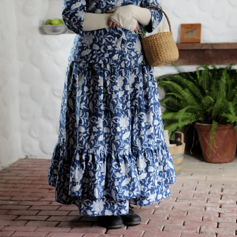 Flounced Drawstring Cotton Skirt - Printed