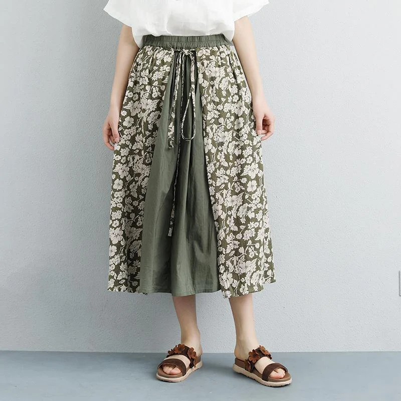 vintage natural linen skirt oversize Summer Floral Casual Lacing Long Skirts