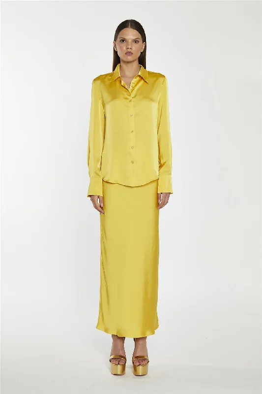 Yellow Satin Bias-Cut Midi-Skirt