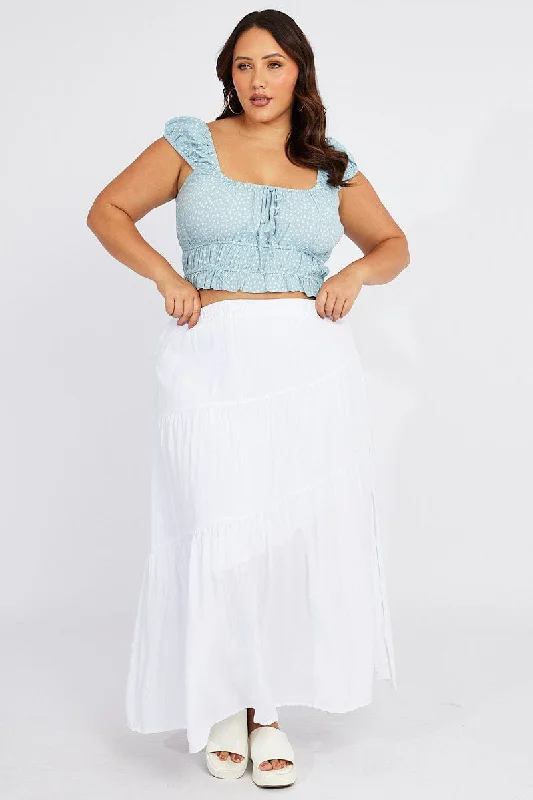 Blue Ditsy Crop Top Short Sleeve Ruched Bust