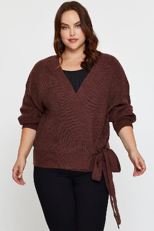 Brown Cardigan Long Sleeve Wrap Front Tie