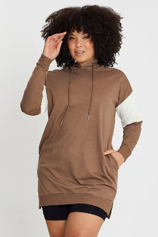 Brown Fleece Hoodie Splice Long Sleeve