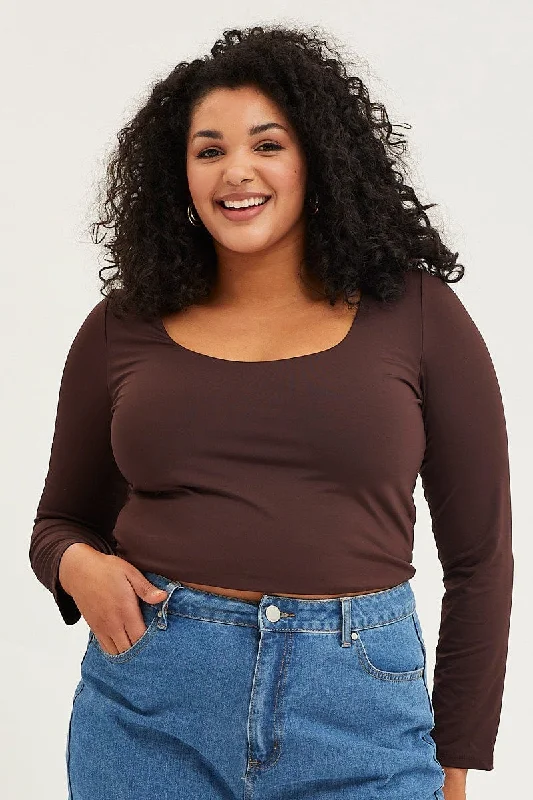 Brown Long Sleeve Double Layer Scoop Top