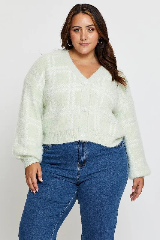 Check Cardigan Long Sleeve Fluffy Semi Crop