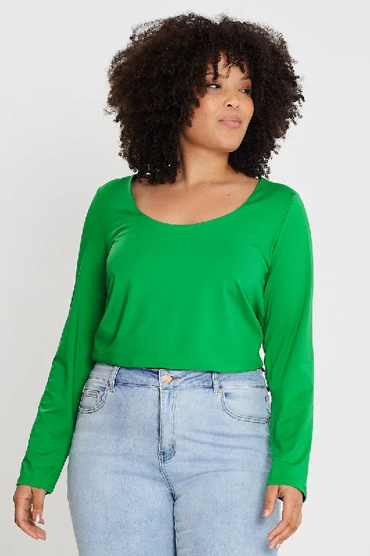 Green Long Sleeve Double Layer Scoop Top