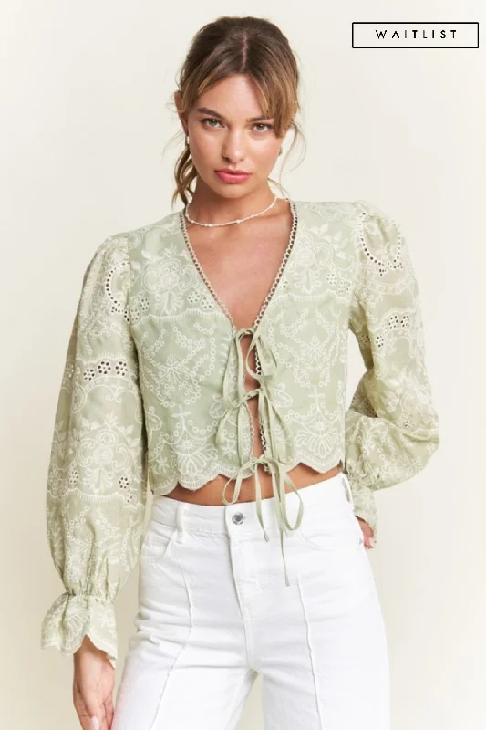 Waitlist 11/10 ♥ Iris Long Sleeve Front Tie Embroidered Cropped Top Green