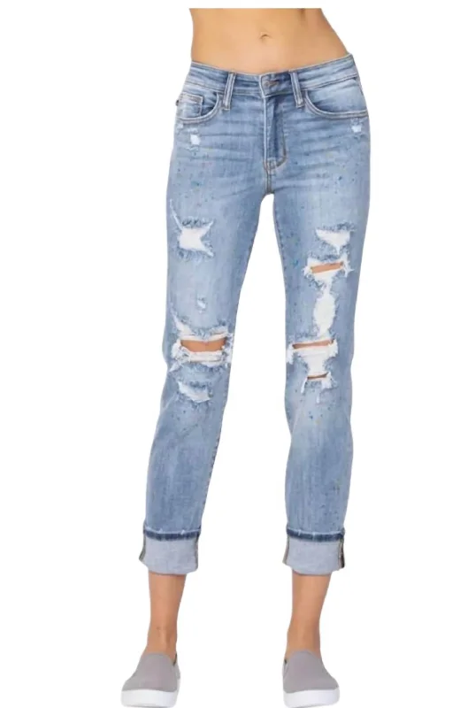 Paint Splash Destroyed Boyfriend Jeans In Blue Paint Speckled