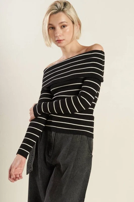 Tiana Long Sleeve Off The Shoulder Stripe Print Sweater Top Black