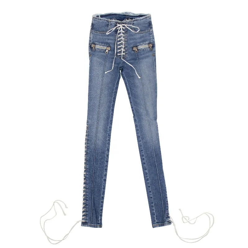 Unravel Project Denim Cotton Lace Up Skinny Jeans Pants - Blue