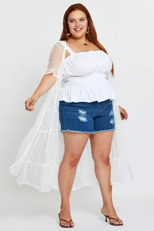 White Longline Cardigan Short Sleeve Crochet