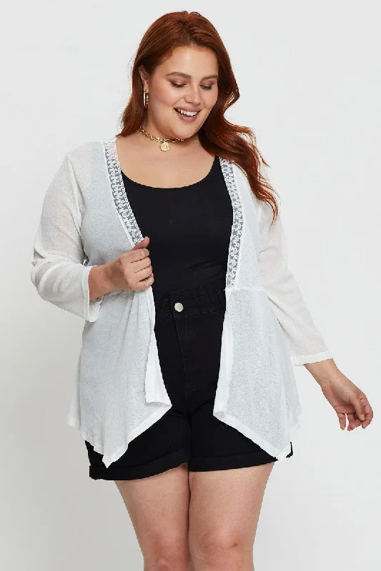 White Longline Cardigan Three-quarter Sleeve Jersey