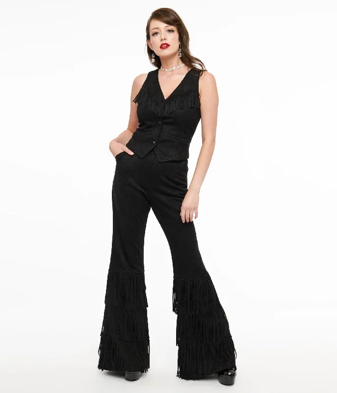 Smak Parlour 1970s Black Suede Tassel Flare Pants