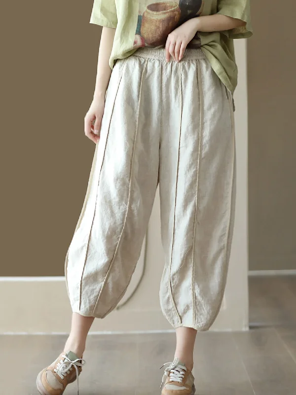 Summer Solid Color Spliced Linen Loose Harem Pants