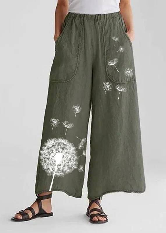 Tea Green-dandelion Cotton Linen Loose Wide Leg Casual Pants