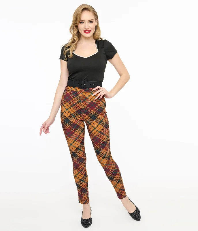 Unique Vintage 1960s Mustard & Burgundy Plaid High Waist Cigarette Pants