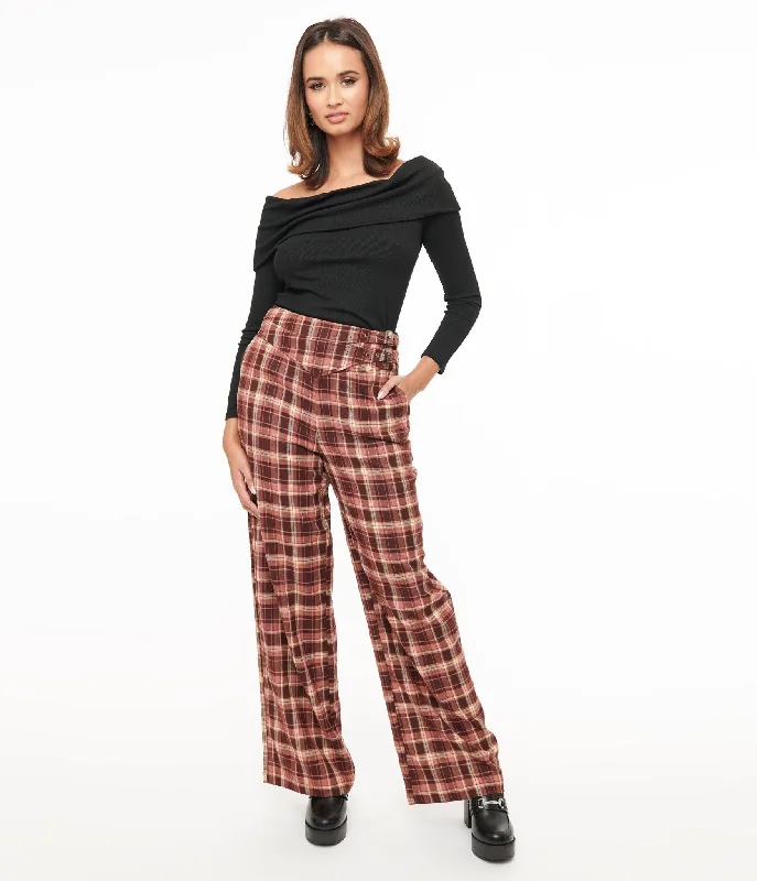 Unique Vintage Burgundy Plaid Double Belt Woven Pants