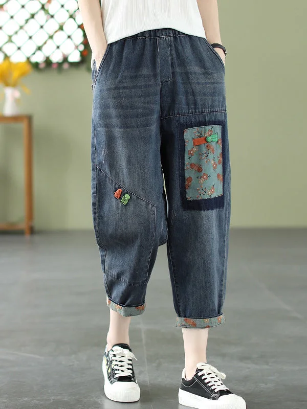 Vintage Artistic Retro Applique Denim Pants