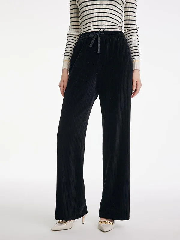 Waist Drawstring Knitted Velvet Straight Pants