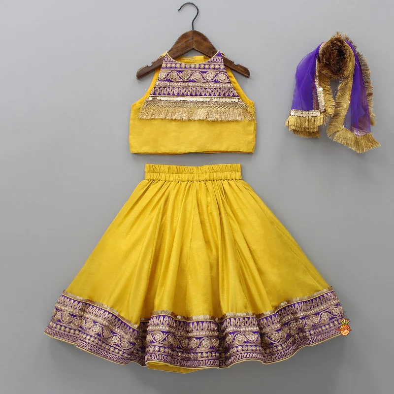 Embroidered Mustard Top And Lehenga With Fringed Net Dupatta