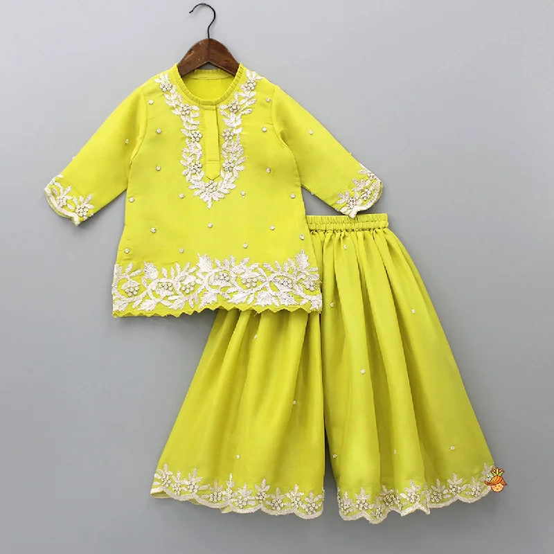 Green Embroidered Kurti With Flared Palazzo