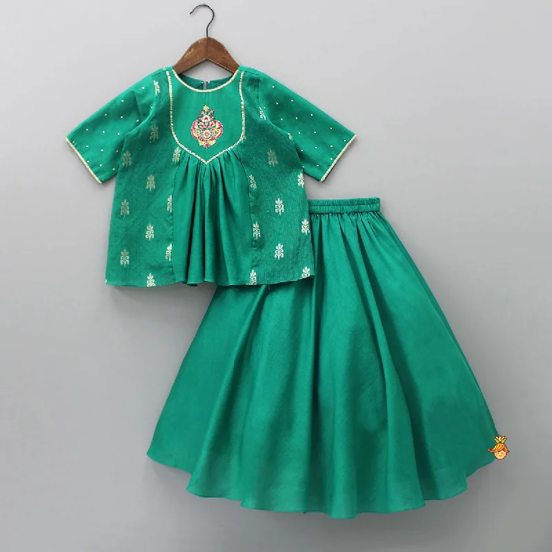 Yoke Embroidered Round Neck Green Kurti And Lehenga