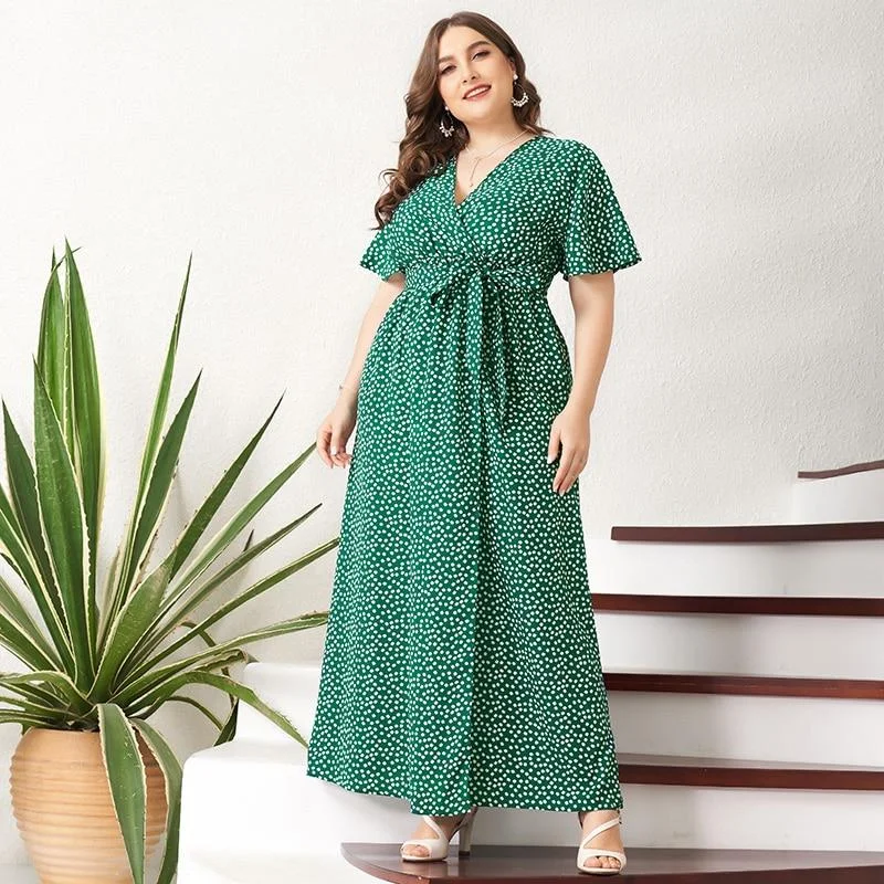 FashionSierra - Summer Maxi Dress Women Green Floral Sashes Front Belted Split Flared Short Sleeve V-neck Boho Holiday Robes