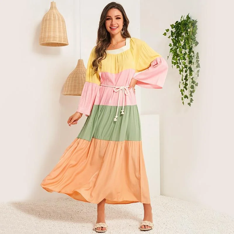 FashionSierra - Summer Women Dress Multicolor Stitching Flared Long Sleeves Sashes Belted Bohemian Holiday Casual Elegant Maxi Dresses