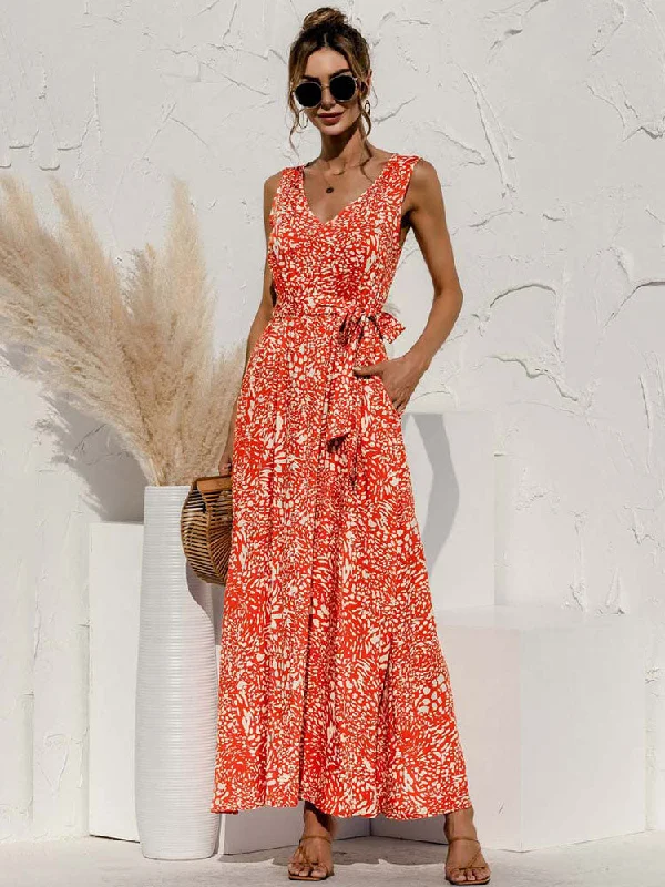 FashionSierra - Boho V Neck Sleeveless Pocket Floral Maxi Dress