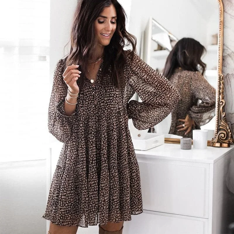 Casual V-neck Long Sleeve Button Mini Dress