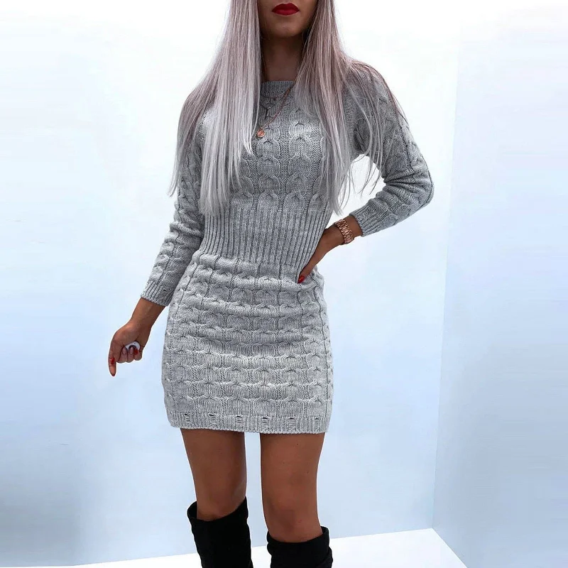 Elegant Solid Color Knitted Mini Dress