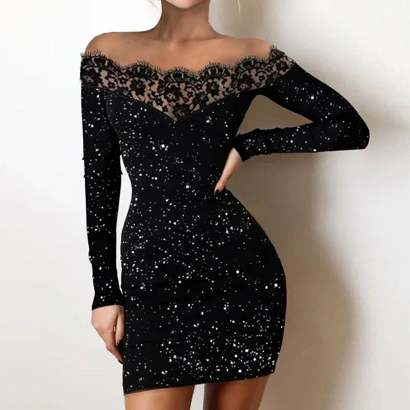 Women Fashion Glitter Perspective Evening Party Dresses Elegant Streetwear Flower Lace Neck Long Sleeve Mini Dress  Robe