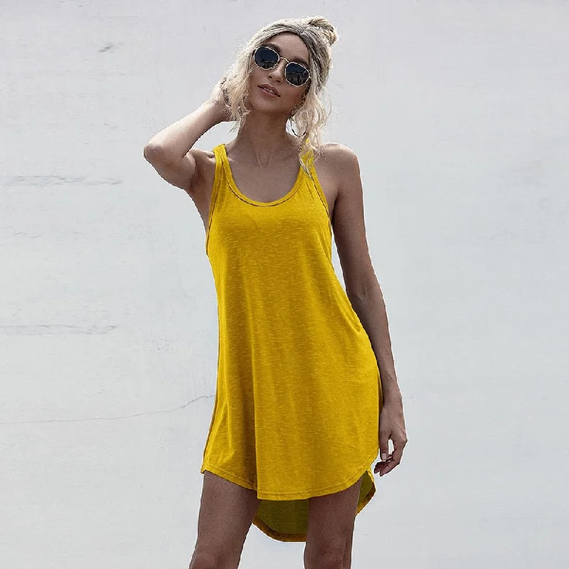 Plus Size Casual O-neck Sleeveless Women Tank Dress Summer Loose Off Shoulder Asymmetrical Cotton Mini Dress Woman Streetwear