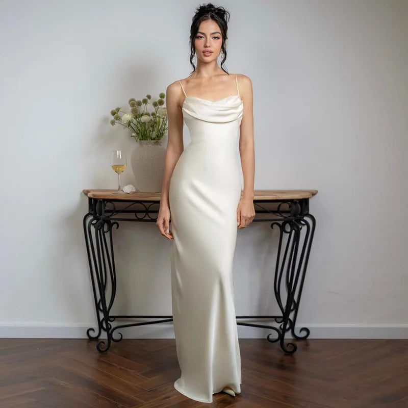 White Satin Sexy Spaghetti Straps Backless Fashionable V-neck Stylish Maxi Dress