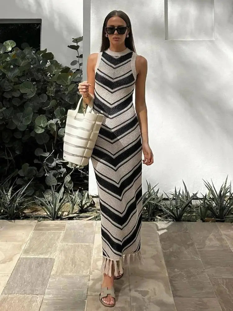 Summer Knitted Tassel Striped Bohemian Stylish Maxi Dress