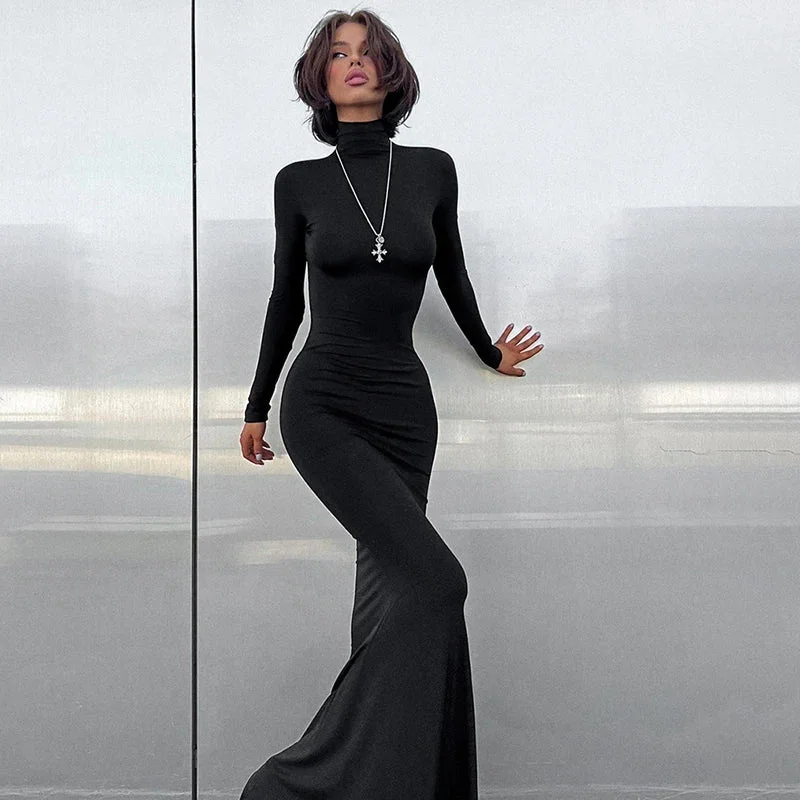 Simple High Collar Long Sleeve Basic Fishtail Prom Occasion Slim Streetwear Black Maxi Dress For Autumn