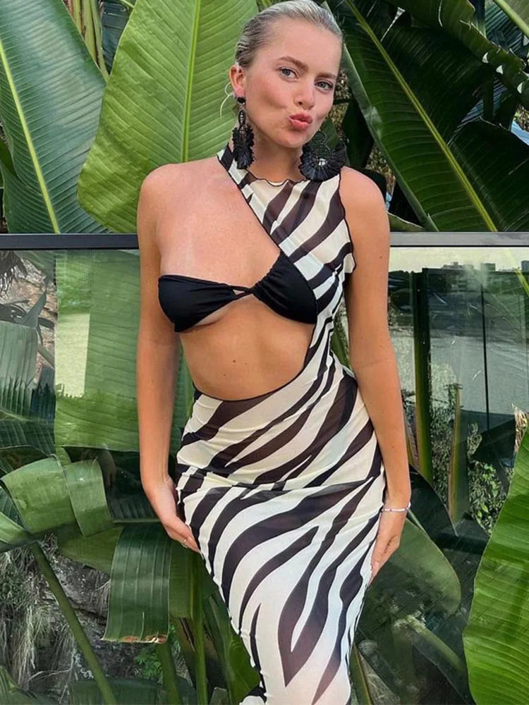 Zebra Print Transparent Striped Mesh Maxi Women 2024 Vacation Summer Cut Out Dress