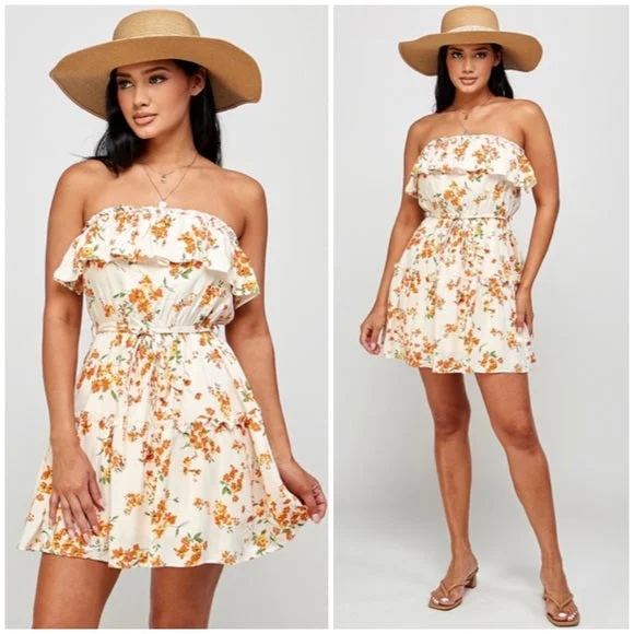 Cream Orange Floral Print Ruffle Trim Strapless Tube Casual Summer Mini Dress