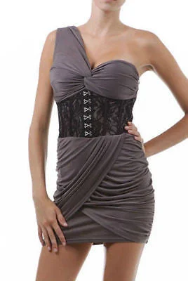 Dress One Shoulder Cocktail Corset Lace Jersey Shore Snooki Mini Charcoal