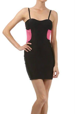 Dress Bodycon Black Sateen Stretch Mini Hot Pink Fishnet Mesh Panel Club