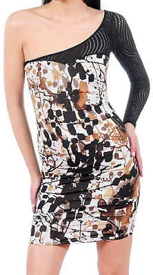 Dress One Shoulder Paint Splatter Netted Mesh Sleeve Sexy Club Mini