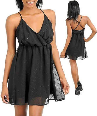 Dress Sexy Cocktail Formal Black Glitter Shimmer Polka Dot Chiffon Mini