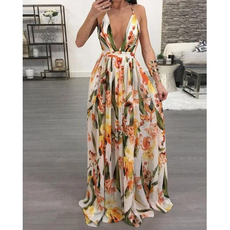 FashionSierra - Floral deep v neck backless maxi dress women Sleeveless flower print bohemian long dress Fashion long summer beach dresses