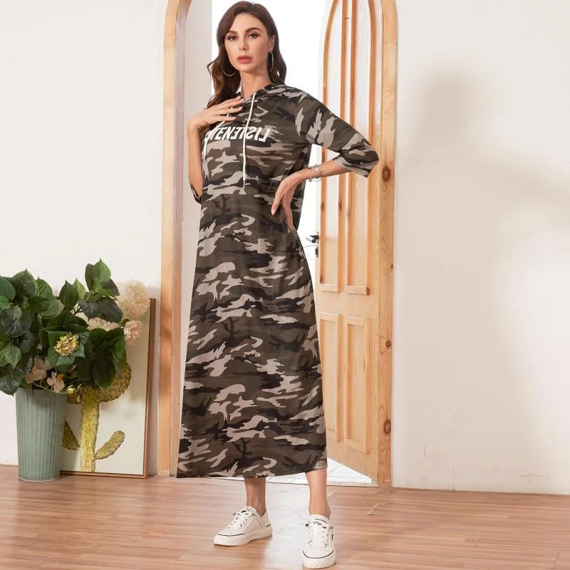 FashionSierra - Hooded Dress Women Camouflage Casual Letter Print Dresses Woman Three Quarter Sleeve Ladies Maxi Dress